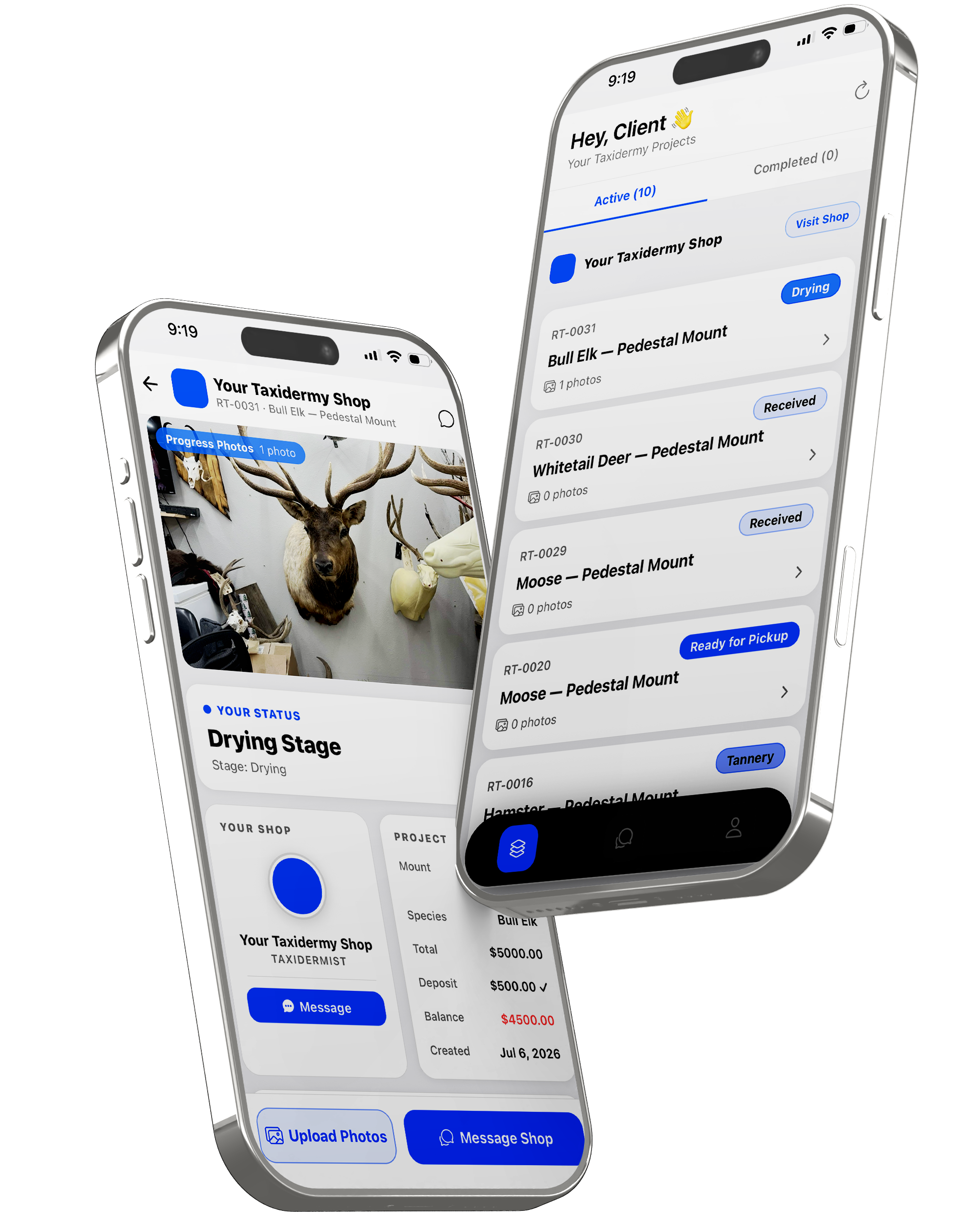 Job detail showing total, deposit, and balance